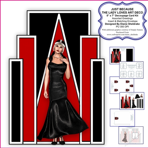 Just Because The Lady Loves Art Deco - 5 x 7 Decoupage Card Kit With Insert, Envelope & Assorted Greetings - PU 300 DPI