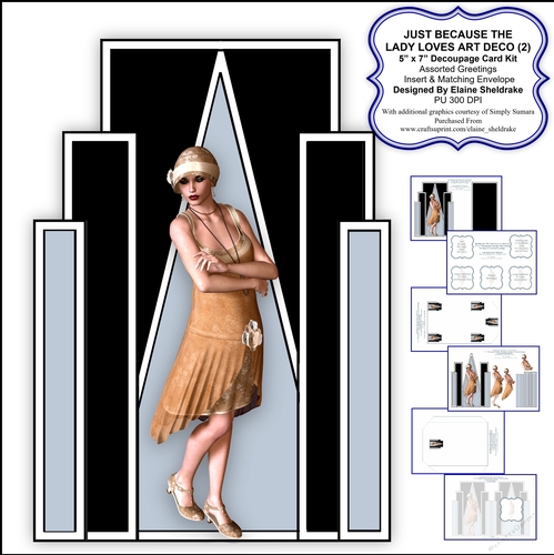Just Because The Lady Loves Art Deco (2) - 5 x 7 Decoupage Card Kit With Insert, Envelope & Assorted Greetings - PU 300 DPI