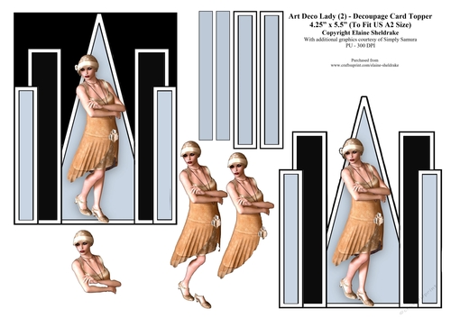 Art Deco Lady (2) 4.5 x 5.5 A2 Size Decoupage Card Topper For USA, Canada etc. - PU 300 DPI