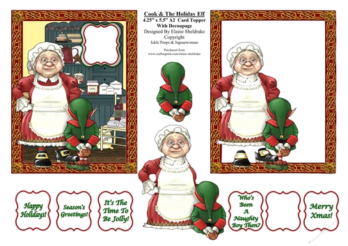 Cook & Holiday Elf - 4.5 x 5.5 A2 Size Decoupage Card Topper For USA, Canada etc. - PU 300 DPI