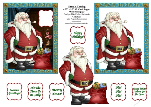Santas Coming - 4.5 x 5.5 A2 Size Decoupage Card Topper For USA, Canada etc. - PU 300 DPI