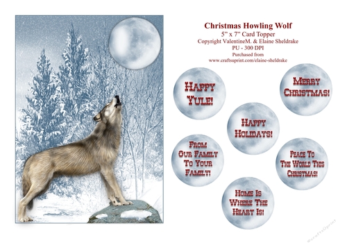 Christmas Howling Wolf  - 5 x 7 Card Topper & Assorted Greetings - PU 300 DPI