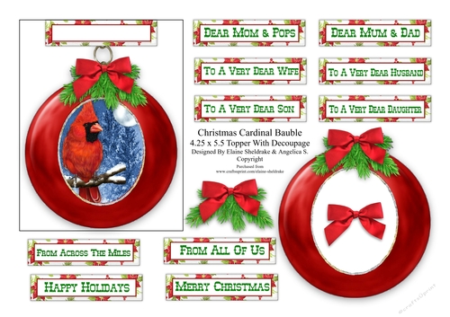 Christmas Bauble Red Cardinal - To Fit A 4.25 x 5.5 Card Or Larger - PU 300 DPI
