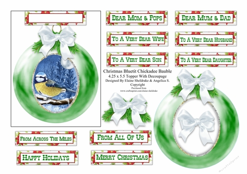 Christmas Bauble Bluetit Chickadee - To Fit A 4.25 x 5.5 Card Or Larger - PU 300 DPI