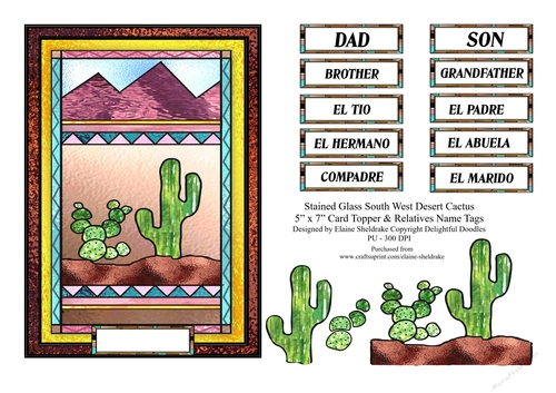 Stained Glass South West Desert Cactus - 5 x 7 Card Topper Plus Spanish Relative Tags