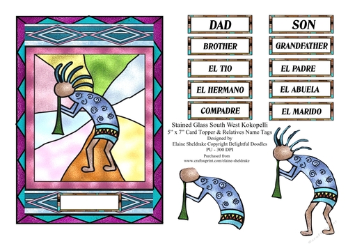 Stained Glass South West Kokopelli - 5 x 7 Card Topper Plus Spanish Relative Tags