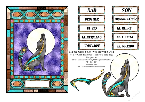 Stained Glass South West Wolf Howling At The Moon - 5 x 7 Card Topper Plus Spanish Relative Tags
