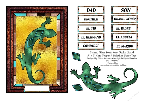 Stained Glass South West Gecko Lizard - 5 x 7 Card Topper Plus Spanish Relative Tags