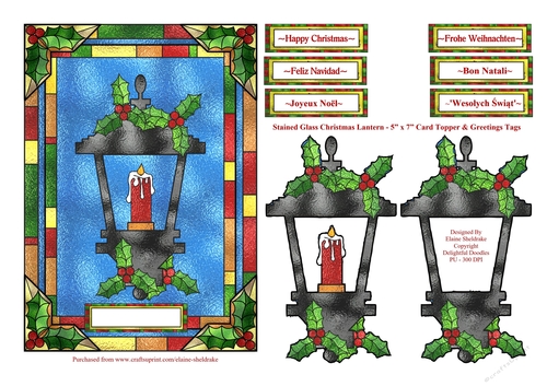 Stained Glass Christmas Lantern 5 x 7 With Greetings in English, Spanish, French, German Etc.