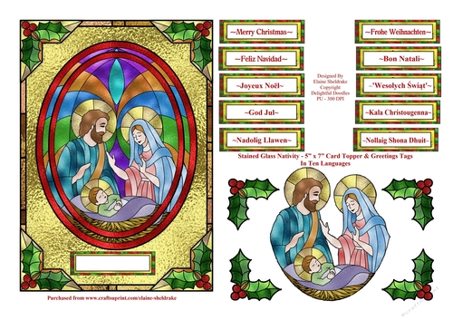 Stained Glass Christmas Nativity 5 x 7  Card Topper With Greetings in Ten Languages