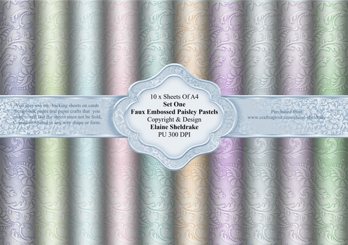 Ten A4 Faux Embossed Paisley Pastel Backing Papers Set One For Card Making, Scrapbook Pages & Papercrafts