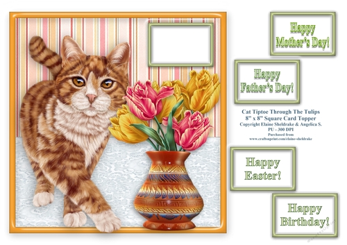 Cat Tiptoe Through The Tulips - 8 x 8 Card Topper