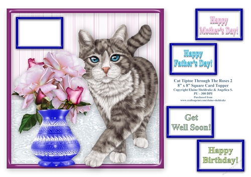 Silver Tabby Cat Tiptoeing Round The Roses - 8 x 8 Card Topper