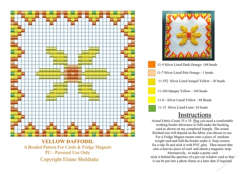 Pretty Floral Daffodil Beaded Fridge Magnet Pattern With Big Coloured Chart And Instructions