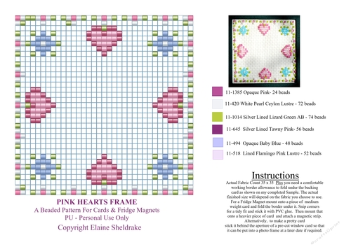 Pretty Pink Hearts Beaded Frame or Fridge Magnet Pattern With Big Coloured Chart And Instructions