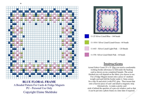 Pretty Blue & Pink Floral Beaded Frame or Fridge Magnet Pattern With Chart And Instructions