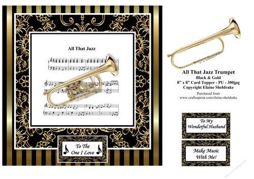 All That Jazz Trumpet Music Sheet - 8 x 8 Card Topper - PU 300dpi