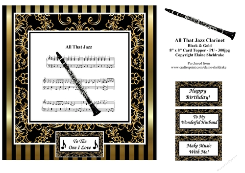 All That Jazz Clarinet Music Sheet - 8 x 8 Card Topper - PU 300 dpi