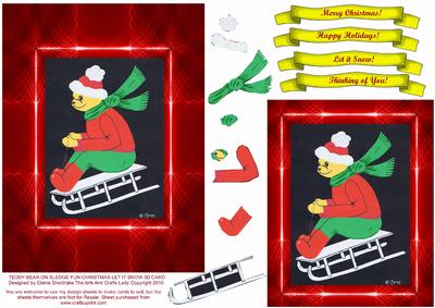 Teddy Bear on a Sled Fun Christmas Let It Snow 3D Card