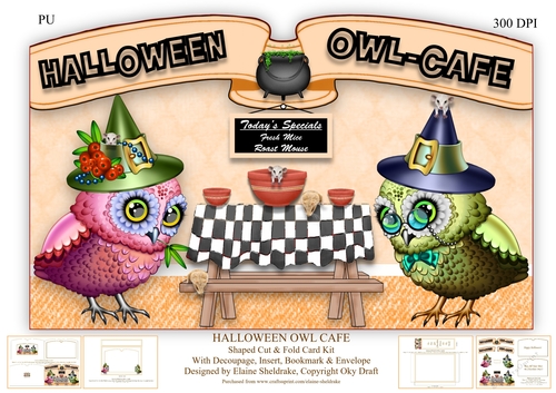 Halloween Owl Cafe, Shaped Cut And Fold Card Kit With Decoupage, Insert, Envelope & Bookmark