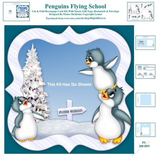Penguins Flying School Cut & Fold Card Kit With Decoupage, Inserts, Envelope, Gift Tags & Bookmark