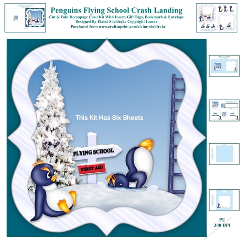 Penguins Flying School - Crash Landing - Cut And Fold Card Kit With Decoupage, Inserts, Envelope, Gift Tags & And Bookmark