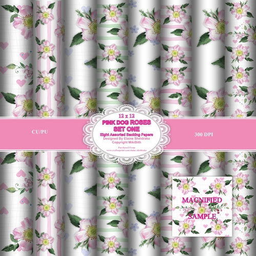 Pink Dog Roses Set One - Eight 12 x 12 Backing Papers With Beautiful Hand Painted Wild Roses