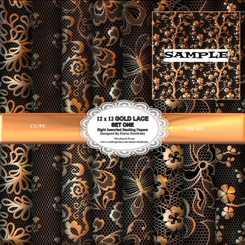 Gold Lace On Black Set One - Eight Assorted 12 x 12 Backing Papers For Cardmaking, Scrapbooking & Papercrafts