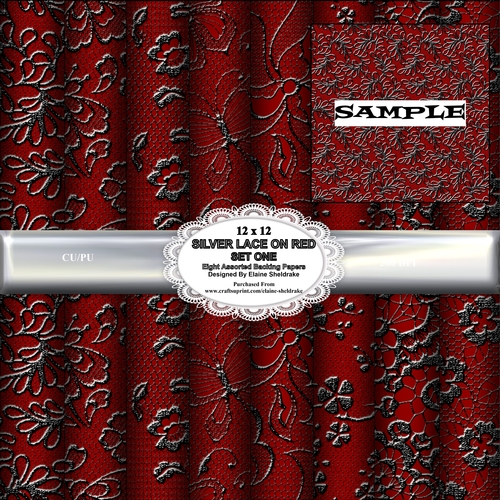 Silver Lace On Red Set One - Eight Assorted 12 x 12 Backing Papers For Cardmaking, Scrapbooking & Papercrafts