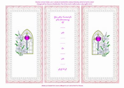 Triple Fold Lily Church Window Pink Christening Invitation
