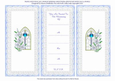 Triple Fold Lily Church Window Blue Christening Invitation