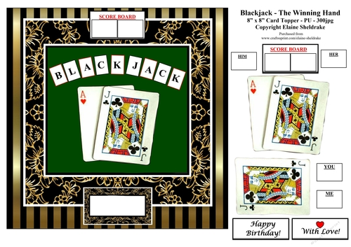 Blackjack - The Winning Hand - 8 x 8 Fun Card Topper With Decoupage - Male or Female