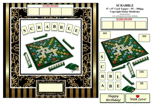 Scrabble Word Game -  8 x 8 Fun Card Topper With Decoupage - Male or Female