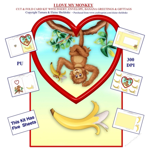 I Love My Monkey - Shaped Card Kit With Insert, Envelope,Topper, Banana Greetings & Banana Gift Tags