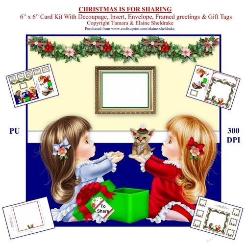 Christmas Is For Sharing 6 x 6 Decoupage Square Card Kit With Insert, Envelope, Framed greetings & Gift Tags