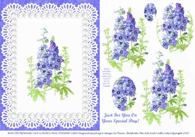 Blue Delphinium Flowers Pearls & Lace Oval Pyramid Card