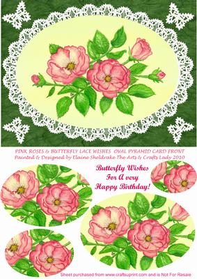 Pink Roses and Butterfly Lace Birthday Wishes Oval Pyramid