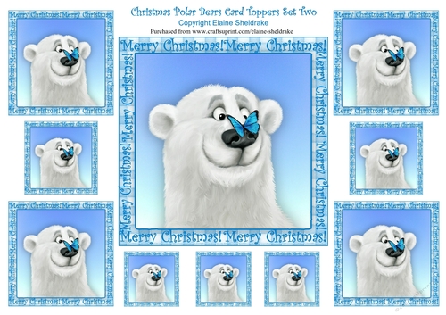 Polar Bear & Butterfly - Ten Square Card Christmas or Birthday Toppers & Gift Tags