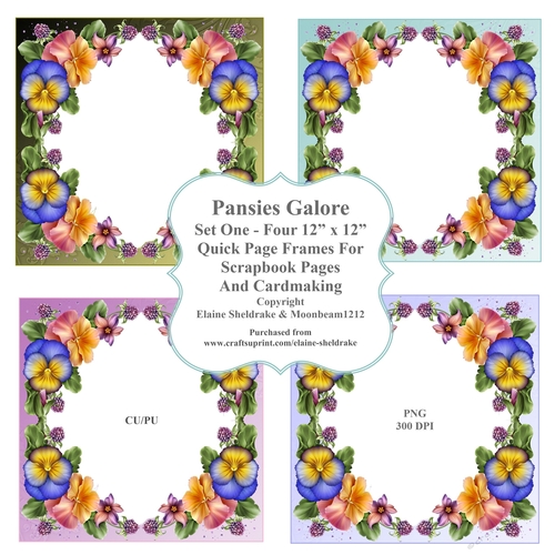  Pansies Galore - Four PNG Frames - 12 x 12 Quick Pages - Set One - For Scrapbooking & Cardmaking