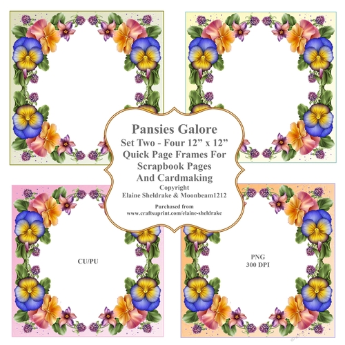  Pansies Galore - Four PNG Frames - 12 x 12 Quick Pages - Set Two - For Scrapbooking & Cardmaking