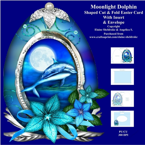 Moonlight Dolphin - Shaped Cut & Fold Card Kit With Insert And Matching Envelope