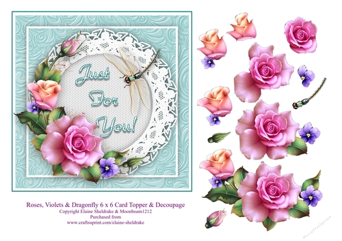 Pink Roses Violets & Dragonfly 6 x 6 Card Topper With Decoupage To Download And Make Cards With