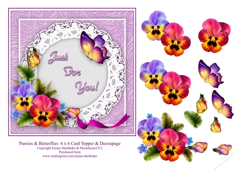 Pansy Flowers & Butterflies 6 x 6 Card Topper With Decoupage To Download And Make Cards With