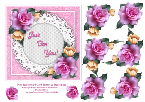 Pink Roses 6 x 6 Card Topper With Decoupage