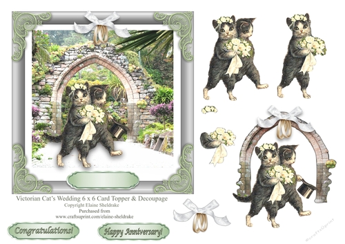 Victorian Cats Wedding or Anniversary 6x6 Topper With Decoupage PU 300 dpi