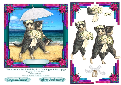 Victorian Cats Beach Wedding or Anniversary 6 x 6 Topper With Decoupage PU 300 dpi