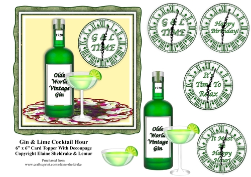 Gin & Lime Cocktail Hour 6 x 6 Card Topper With Decoupage