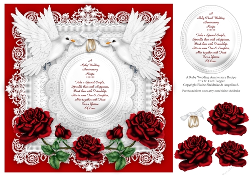 Ruby Wedding Anniversary 8 x 8 Card Topper With Decoupage Roses