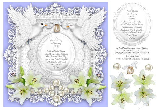 Pearl Wedding Anniversary 8 x 8 Card Topper With Decoupage Lilies