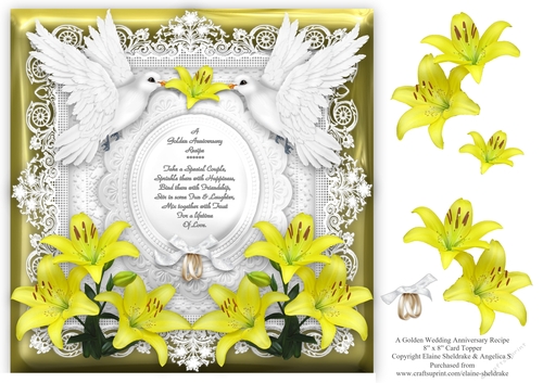 Golden Wedding Anniversary 8 x 8 Card Topper With Decoupage Lilies